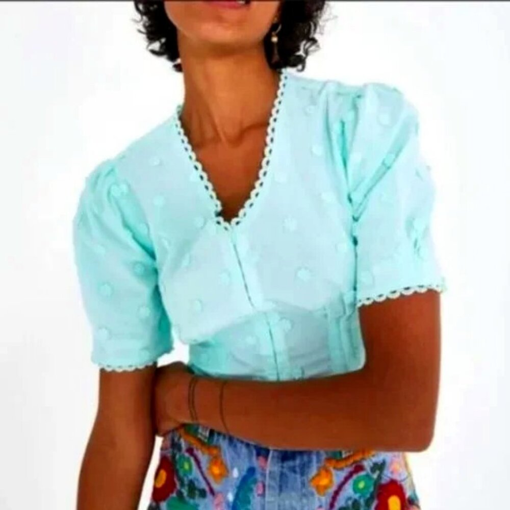 NWT FARM RIO Harmonia Turquoise Eyelet Crochet Short Puff Sleeve Crop Top Size M